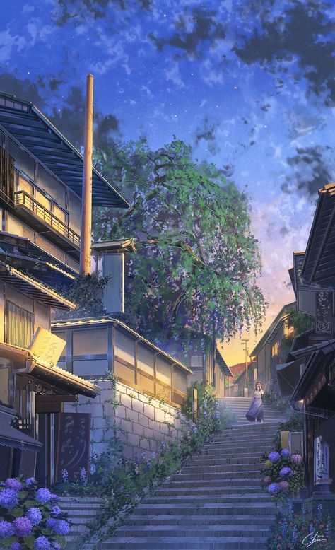 ArtStation - Kyoto, JP NIK Wallpaper Japanese, Anime Places, Japan Illustration, Anime City, Japon Illustration, Anime Backgrounds Wallpapers, Fantasy Art Landscapes, Anime Scenery Wallpaper, Nature Aesthetic