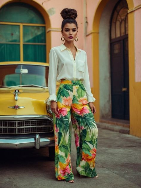 Womens Hawaiian Outfit, Havana Party Outfit, Cuban Outfit Havana Nights, Hawaiian Luau Outfit Women, Havana Nights Party Attire Women, Tropical Chic Outfit, Barbados Fashion, Havana Outfit, Carribean Fashion