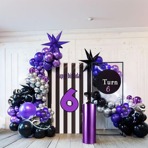 PRICES MAY VARY. 【Purple TV Themed purple black and silver Balloon Kit】INCLUDES the following 150+PCS 5" 10" 12"18"balloons in various sizes, we chose purple black and silver as Palette for the theme, Add 21pcs foil Purple TV Themed Balloon & Glue Dot Tie Kit lets you create a cheerful and vibrant atmosphere, perfect forPurple TV themed party 【Reliable Color 】 We insist on real photography，Providing True Color of every single balloons,what you have to do is trust your color insprition and idea. Black And Silver Balloon Garland, Wednesday Theme Party, Wednesday Theme, Silver Balloon Garland, Gothic Theme, Birthday Purple, Gothic Themes, Purple Table, Girl Bday Party