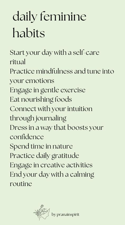 Feminine habits to practice daily. #femininehabits #energyprotection #feminine #lifestyletips #affirmations #feminineaffirmations #femininespirituality #elegance #journaling #mindfulnes #spirituality Divine Feminine Routine, Healing The Feminine, Classy Feminine Aesthetic, Feminine Mindset, Feminine Hobbies, Feminine Habits, Feminine Fatale, Spiritual Habits, Therapist Tips