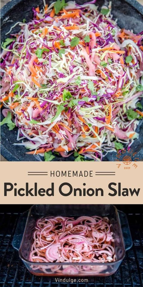 This mayo-free and allergy free coleslaw is made with smoked pickled onions and is fantastic loaded onto pulled pork or chicken sandwiches or as a great side dish for your next party. Pulled Pork Coleslaw Recipe, Dairy Free Coleslaw, Pulled Pork Sides, Pork Coleslaw, Bacon Slaw, Coleslaw For Pulled Pork, Pork Chop Sandwiches, Chicken Pickle, Bbq Appetizers