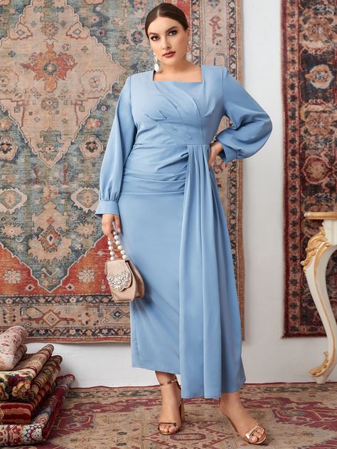 Dusty Blue Elegant  Long Sleeve Polyester Plain A Line Embellished Non-Stretch Spring Plus Size Dresses Big Size Dress Hijab, Satin Dress Hijab, Blue Plus Size Dresses, Plus Size Fashion Dresses, Dusty Blue Dress, Cocktail Dress Classy, Big Size Dress, Elegant Fabric, Lantern Sleeve Dress