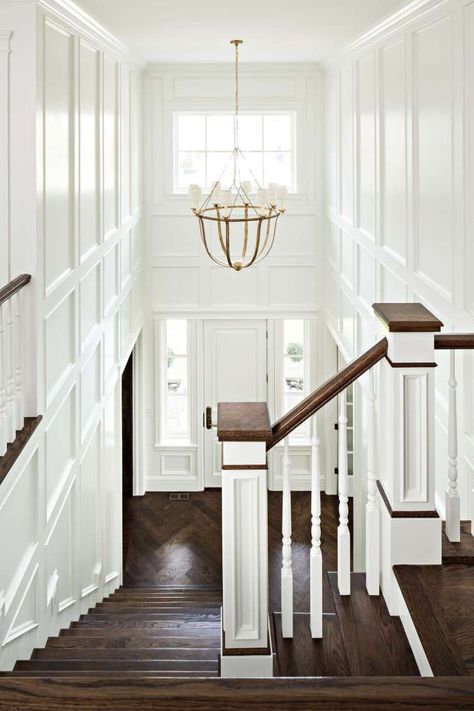 White Wainscoting, Foyer Entrance, Foyer Chandelier, Foyer Lighting, Dark Wood Floors, Entrance Foyer, Foyer Decorating, Foyer Design, Wall Molding