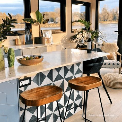 Black And White Checkered Floor, Cement Fireplace, Checkered Floor, Fireplace Tiles, Reclaimed Tile, Utility Cupboard, Neutral Tile, Striped Tile, Tiles Handmade