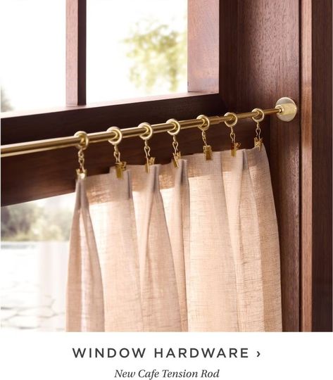 Window Hardware Pantry Window Covering, Pantry Cafe Curtain, Brass Tension Curtain Rod, Cafe Curtain With Drapes, How To Place Curtain Rods, Cafe Curtains Amber Interiors, Curtains Historic Home, Unlaquered Brass Curtain Rod, Drop Cloth Cafe Curtains