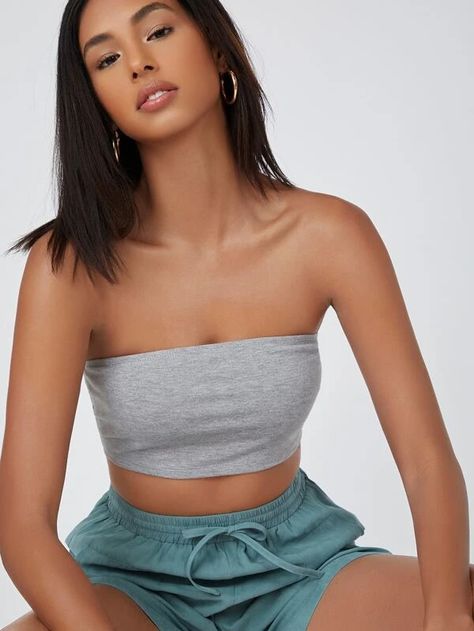 SHEIN Solid Form Fitted Crop Tube Top | SHEIN USA Grey Tube Top Outfit, Grey Tube Top, White Nike Shorts, Tube Top Outfits, Shein Basics, Cute One Piece Swimsuits, Crop Tube Top, Blue Mom Jeans, Kylie Jenner Outfits