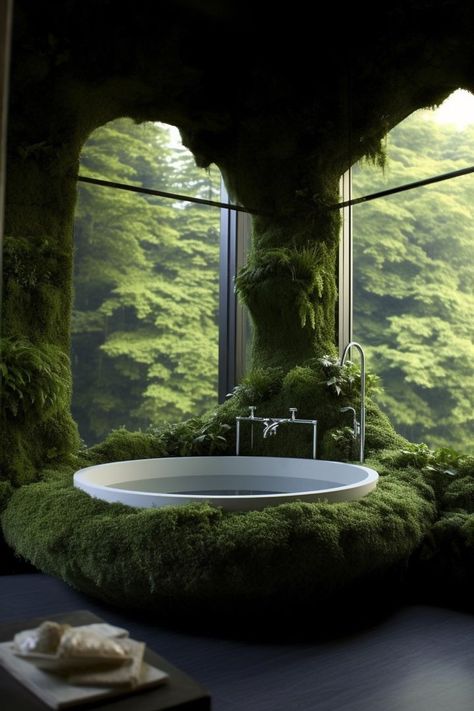 Forest Bathrooms, Mossy Bathroom, Fern Future Home Vibes, Cool Bathtubs, Ethereal Bathroom, Coolest Bathrooms, Cool Bathrooms, Moss Bathroom, Magical Bathroom