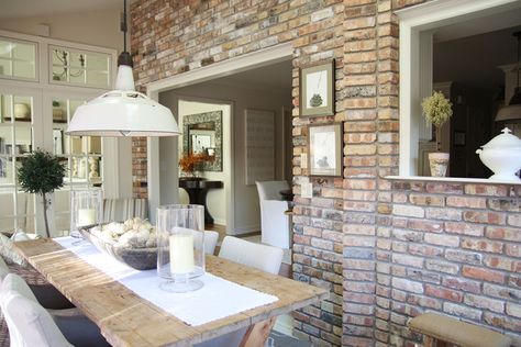 Sunroom Brick Wall - Neutral Home Tour - Life On Virginia Street Neutral Decorating, Pantry Inspiration, Life On Virginia Street, Country Cottage Kitchen, Basement Inspiration, Breakfast Nooks, Dining Room Cozy, Country Kitchens, Stone Interior