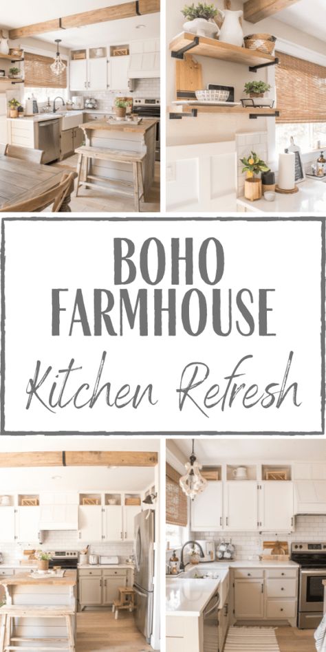 Farm Boho Kitchen, Boho Neutral Kitchen, Bohemian Chic Kitchen, Boho Farmhouse Kitchen Cabinets, White Boho Kitchen Ideas, Boho Chic Kitchen Ideas, Top Of Kitchen Cabinet Decor Boho, Farmhouse Boho Kitchen Decor, Boho Kitchen White Cabinets