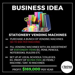 Students are always losing their pens or breaking their rulers. Setting up stationary vending machines in schools or universities would almost certainly prove a profitable venture...﻿ |﻿ | 💡Follow @businessideas365 for a new business idea every other day﻿ |﻿ #entrepreneur #makemoney #entrepreneurlife #money #business #youngentrepreneur #businessideas #startup #startupidea #student #university #studentlife #study #education #school Business Entrepreneur Startups, Vending Machine Business, Business Ideas Entrepreneur, Entrepreneur Startups, New Business Ideas, Money Saving Plan, Vending Machines, Business Entrepreneurship, Business Mindset