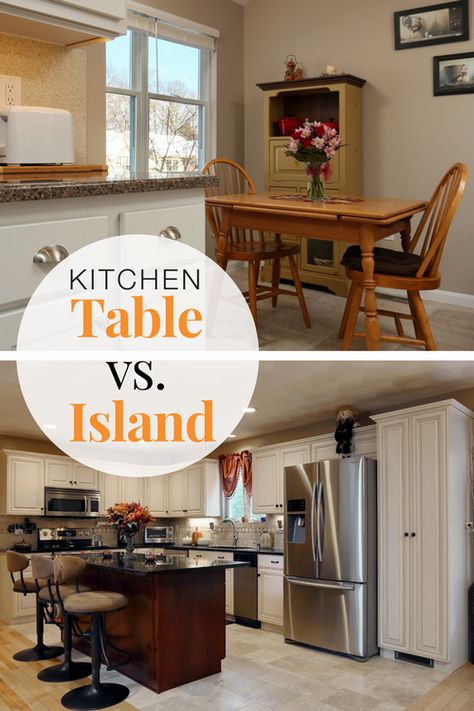 For today's main event, we have The Kitchen Table vs. The Kitchen Island! 😁  Both have their advantages so let’s take a seat, anywhere you like, and discover what’s best for your new kitchen and your lifestyle.  #kitchendesign #kitchenremodel #kitchenisland #kitchentable #diningtable #kitchenmagic Eat In Kitchen Island Table, Kitchen Island Vs Dining Table, Kitchen Island Instead Of Dining Table, Table Height Kitchen Island, Island As Dining Table, Kitchen Island Dining Table Combo Small Spaces, Kitchen Island As Dining Table, Kitchen Island And Table Combo, T Shaped Kitchen Island