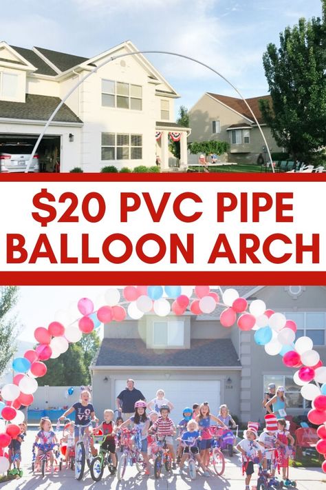 Balloon Arch Support Diy, Race Balloon Arch, Parade Float Balloon Arch, Balloon Arch Over Pool Diy, Class Reunion Parade Float Ideas, Pvc Balloon Arch Diy, Diy Balloon Half Arch Stand, Bike Parade Birthday Party, Pvc Archway Diy