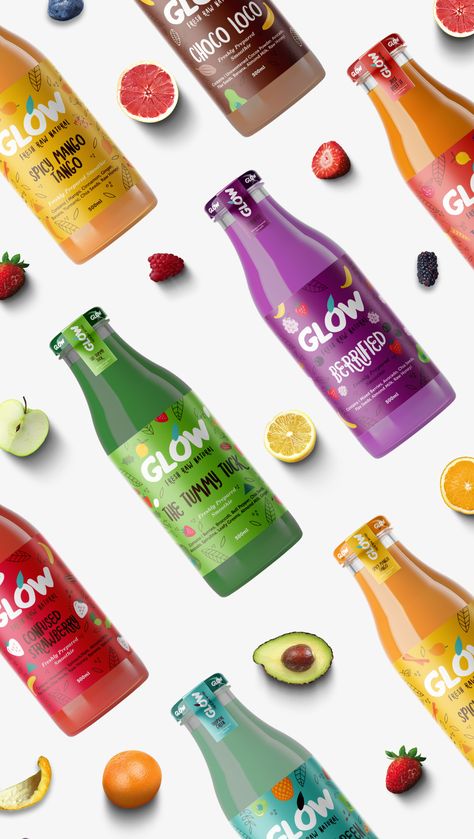 Natural Juice, Glow Products, Juice Branding, Drinks Packaging Design, Juice Packaging, Bottle Design Packaging, Smoothie Bar, Alcohol Packaging, Food Graphic Design