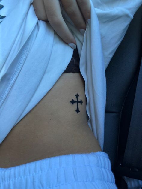 Cross Hip Tattoo, Pretty Cross Tattoos For Women, Sui̇ci̇deboys Tattoos, Pretty Cross Tattoo, Butterfly Hand Tattoo, Side Neck Tattoo, Cross Tattoos For Women, Cross Tattoos, Red Ink Tattoos