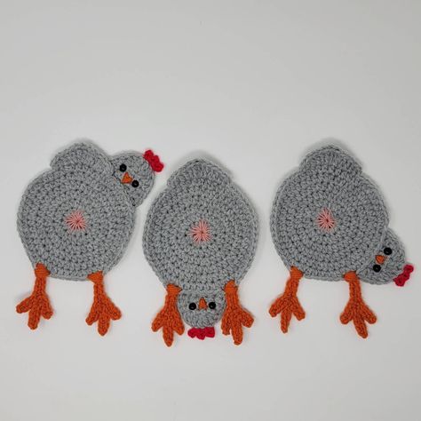 Crochet Chicken Coasters, Easy Crochet Chicken, Crochet Chicken Coaster, Office Humor Funny, Egg Coaster, Chicken Coaster, Chicken Coasters, Crochet Hen, Chicken Applique