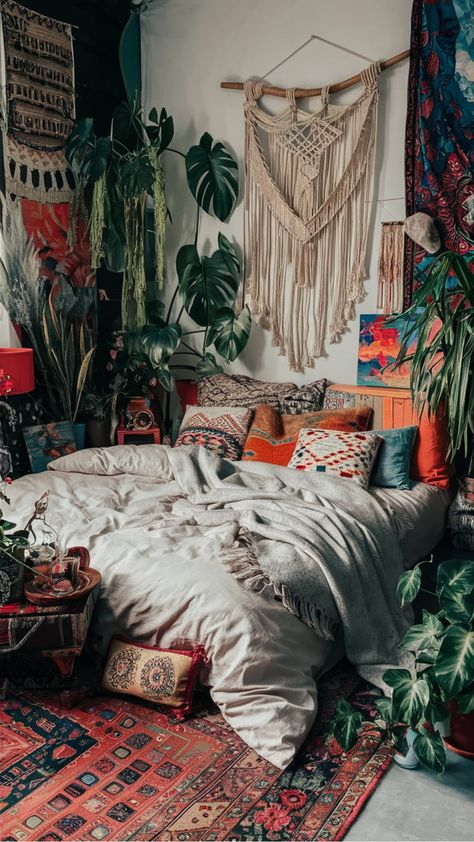 Bohemian-style bedroom with a macramé wall hanging, lush plants, colorful pillows, and patterned rugs. Bohemian Tapestry Bedroom, Hippie Boho Bedroom, Artsy Bedroom, Boho Bedroom Decor Ideas, Cozy Eclectic, Bohemian Apartment Decor, Boho Bedrooms, Bohemian Bedroom Design, Hippie Bedroom