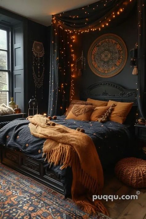 Dark Romantic Bedroom, Dark Bedroom Aesthetic, Dream Bedroom Inspiration, Boho Bedroom Design, Gothic Bedroom, Aesthetic Bedroom Ideas, Dark Home Decor, Bedroom Bliss, Bedroom Decor Inspiration