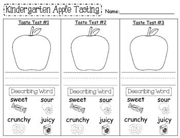 After Reading "An Apple a Day" by Melvin Berger. We taste tested red, yellow, and green apple. Students completed this worksheet to describe the tastes of each apple. Students colored the apples corresponding to the apple they tasted, wrote the color word on the dotted line, and circled a describing word. Apple Taste Test Worksheet, Apple Tasting, Apple Science Experiments, Apple Unit Study, Apple Outline, Describing People, Preschool Apple Theme, Apple Kindergarten, Apple Lessons