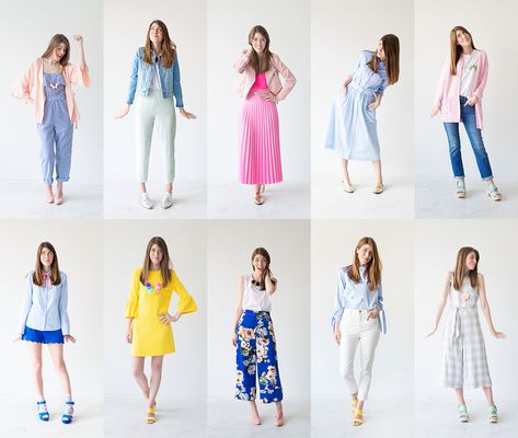 Colorful Spring Capsule Wardrobe, Bright Capsule Wardrobe, Wonder Wardrobe, Fashion 23, Colorful Wardrobe, Blue Midi Skirt, Pink Pleated Skirt, Pink Leather Jacket, Minimal Wardrobe