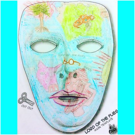 An awesome example from grade 11 ELA. A beautiful representation of the symbols from Lord of the Flies. Lord of the Flies Mask Project ($) Fly Symbolism, Sophomore English, Teaching British Literature, Literature Unit Studies, Mask Project, Teacher's Desk, Project Template, Teaching Secondary, Literature Teacher