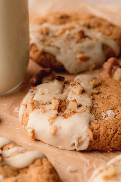 Walnut spice cookies with a maple glaze. Maple Glaze, Maple Walnut, Spice Cookies, Pumpkin Pie Spice, Snickerdoodles, Molasses, Pumpkin Pie, Dough, Glaze