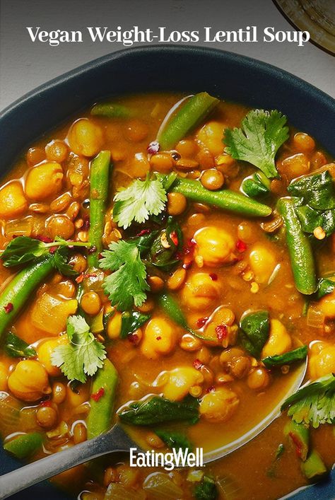 This vegan weight-loss lentil soup recipe has the familiar flavors of turmeric, ginger and cumin that pair so well with lentils. Lentils, green beans and spinach give this vegan soup a healthy dose of fiber that helps you feel fuller, longer. #healthyeating #healthyfoods #healthylifestyle #healthyrecipes#soups#chili#stews#souprecipes#healthysoup#comfortfood Nutritious Eating, Lentil Soup Recipe, Lentil Soup Recipes, Frozen Green Beans, Vegan Beans, Dairy Free Eggs, Vegan Nutrition, Vegetarian Dinners, Vegan Soup