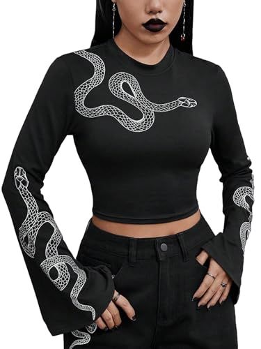 Snake Clothing, Goth Crop Top, Goth Hoodie, Flare Long Sleeve, Drop Shoulder Tee, T Shirt Image, Style Noir, Grunge Style, Dark Fashion