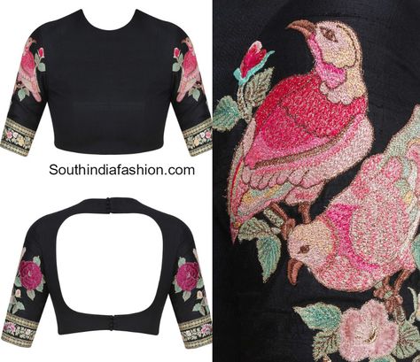 Bird Embroidered Blouse Designs...loving it!!!                              … Bird Blouse Designs, Sabyasachi Blouse, Jay Dwarkadhish, Blouses Work, Blouse Stitching, Black Painting, Sari Blouse Designs, Blouse Designs Silk, Elegant Blouse Designs