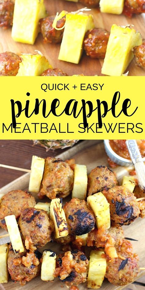 You have to try these easy Grilled Pineapple Meatball Skewers!  A simple dinner recipe that's kid-friendly and on the table in less than 20 minutes! #pineapple #kabobs #easyrecipe Summer Meatballs, Turkey Pineapple, Pineapple Meatballs, Meatball Skewers, Pineapple Kabobs, Yummy Nummies, Recipes Grill, Bridge Ideas, Cocktail Meatballs