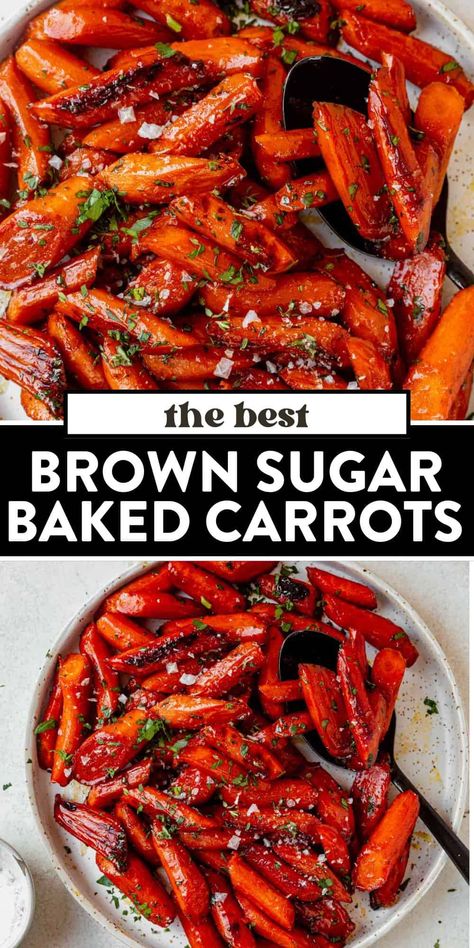 This brown sugar baked carrots recipe is a sweet and savory side dish that’s perfect for holidays or weeknight dinners. They’re oven roasted to tender, caramelized perfection with a light brown sugar glaze, a hint of orange, and topped with fresh parsley and thyme. Roasted Carrots Sweet, Thanksgiving Carrot Recipe, Baked Carrots Recipe, Brown Sugar Roasted Carrots, Carrots In Oven, Roasted Broccoli And Carrots, Brown Sugar Carrots, Carrot Recipes Side Dishes, Brown Sugar Glazed Carrots