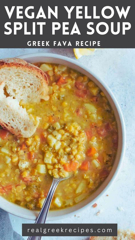 bowl of yellow split pea soup Yellow Split Pea Soup Recipes, Yellow Split Peas Recipes, Spit Pea Soup, Yellow Split Pea Recipes, Fava Recipe, Split Pea Recipes, Yellow Split Pea Recipe, Pea Soup Vegan, Greek Fava