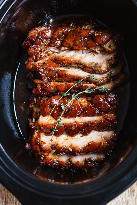 Slow Cooker Pork Belly with Honey Balsamic Glaze - Fall-apart tender and infused with a sticky tangy glaze. Slow Cooker Pork Belly, Honey Balsamic Glaze, Balsamic Glaze Recipes, Wallpaper Food, Pork Belly Recipes, Honey Balsamic, Best Slow Cooker, Slow Cooker Pork, Crock Pot Slow Cooker