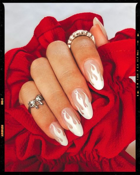 Almond Nails - White Flame White Nails With Flame Design, Almond Nails Designs Flame, Almond Nails Fire Design, Flame Nails Acrylic Almond, Almond Nails Flames, Almond Nails With Flames, White Flame Nails Almond, Flame Nail Art Short, Fire Almond Nails