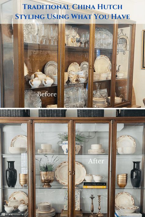 Style Dining Room Shelves, Wallpaper Inside China Cabinet, Modern China Cabinet Display Ideas, Decorating China Cabinet Display, Hutch Lighting, China Cabinet With Wallpaper, Style A China Cabinet, Dining Hutch Decor, Modern China Cabinet Display