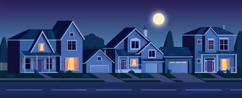 Street in suburb district with houses at... | Premium Vector #Freepik #vector #suburb #suburban #neighborhood #night-house Perfect Suburban Neighborhood, Cartoon Neighborhood Background, Drawing Neighborhood, Neighborhood Drawing, Houses At Night, Suburban Neighborhood, Night House, House Cartoon, Photo Clipart