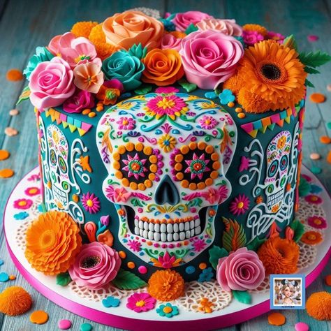 Learn how to create a stunning Day of the Dead (Día de los Muertos) cake with AI. Colorful sugar skulls, marigolds, and intricate details bring this celebration cake to life! #Cake #CakeDecorating #dayofthedead #diadelosmuertos #celebration #flowers #sugar Shark Fin Cupcakes, Edible Candles, Sugar Skull Cakes, Fondant Lace, Unique Cakes Designs, Image Prompts, Skull Cake, Celebration Cake, Paper Banners