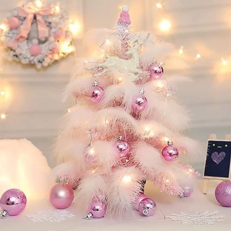 Christmas Tree Feathers, Pink Christmas Tree Decorations, Christmas Tree Glitter, Led Christmas Tree Lights, Feather Diy, Tabletop Christmas Tree, Navidad Diy, Pink Christmas Tree, Pink Trees