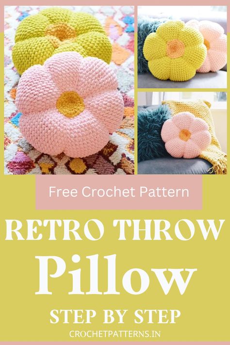 Crochet Retro Throw Pillow Crochet Pillows Free Patterns Flower, Crochet Floor Cushion Free Pattern, Crochet Couch Pillows, Crochet Mushroom Pillow Free Pattern, Crochet Flower Pillow Pattern Free, Cute Crochet Pillow, Crochet Floor Pillow, Crochet Pillow Pattern Free, Flower Pillow Tutorial