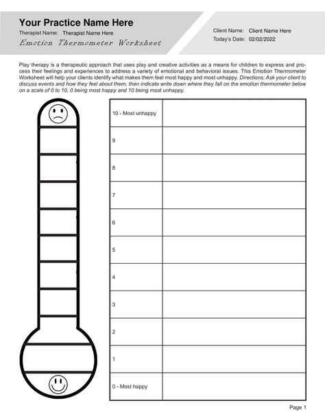 Play therapy is a therapeutic approach that uses play and creative activities as a means for children to express and process their feelings and experiences to address a variety of emotional and behavioral issues. This Emotion Thermometer Worksheet will help your clients identify what makes them feel most happy and most unhappy. Our Play Therapy Emotion Thermometer Worksheet PDF (Editable, Fillable, Printable) is perfect for counselors, psychologists, psychiatrists, social workers, therapists, and other mental health professionals.

This Play Therapy Emotion Thermometer Worksheet PDF can be downloaded and used with all your clients, giving them the ability to fill it out on a digital device and print it out for creating illustrations.
This template is part of the Play Therapy Worksheets Bun Gestalt Therapy Activities, Feelings Thermometer Printable, Telehealth Therapy Activities For Kids, Emotion Thermometer, Art Therapy Activities Printables, Logo Therapy, Child Therapy Worksheets, Therapy Worksheets For Kids, Feelings Thermometer