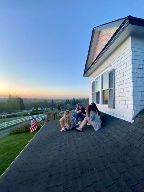 sunset, blue sky, beautiful, teenage dream, summer time, friends, saturday night, roof, pic inspo, aesthetic, wallpaper, pnw Roof Picture Ideas, Rooftop Stargazing Aesthetic, Hanging Out On Roof, Roof Sleepover, Sitting On Roof Aesthetic, Summer Nights Aesthetic Friends, American Lifestyle Aesthetic, On Roof Aesthetic, Roof Hangout