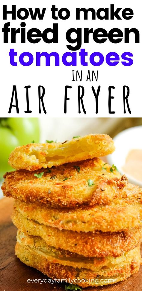 An easy and delicious air fryer fried green tomato recipe that tastes just like deep-fried. It's breaded with cornmeal and breadcrumbs for a traditional summer flavor. You'll be excited to use up all our green tomatoes! #airfried #airfryerrecipes Pickled Fried Green Tomatoes, Air Fried Green Tomatoes Healthy, Fried Green Tomato Air Fryer, Fried Tomatoes Red Air Fryer, How To Fry Green Tomatoes In Air Fryer, Green Tomatoes Fried, Fried Green Tomato Recipes Easy, Things To Make With Green Tomatoes, Airfryer Fried Green Tomatoes