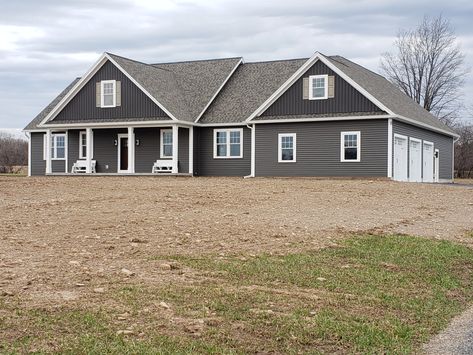 Vytec Smokestone, farmhouse, ranch, house ideas Carbon Color Siding House, Two Tone House Exterior, Black Ranch House Exterior, Vinyl Siding Ideas Exterior, Dark Gray House Exterior, Small Ranch House, Entry Way Door, Charcoal House, Dark Grey Houses