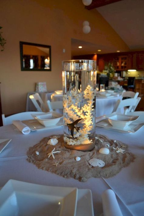 (686) Pinterest Fish Centerpiece, Beach Centerpieces, Beach Wedding Tables, Beach Wedding Decorations Reception, Beach Wedding Centerpieces, Beach Wedding Reception, Beach Themed Party, Beach Wedding Decorations, Beach Wedding Favors