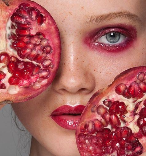 People With Fruit Photography, Fruit Editorial Photography, Fruit Fashion Photography, Yalda Photography Idea, Fruit Portrait Photography, Fruit Photography People, Fruits Photography Creative, Fruit Makeup Looks, Fruit Photoshoot Model