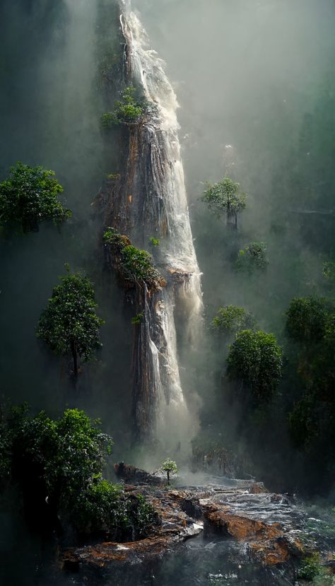 Waterfall, aiart, midjourney.ai, dense forest, fog and mist Dense Forest Photography, Dense Forest Aesthetic, Forest Fog Aesthetic, Foggy Waterfall, Beautiful Waterfalls Photography, Waterfalls Scenery, Waterfalls Aesthetic, Fantasy Waterfall, Waterfall In Forest