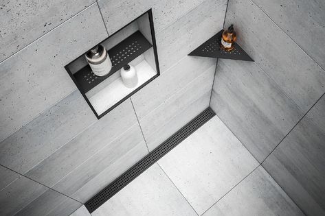 Storage Solutions for the Shower | Schluter Schluter Niche, Trim Profiles, Tile Edge Trim, Linear Drain, Bullnose Tile, Tile Edge, Traditional Tile, Shower Niche, Metal Tile