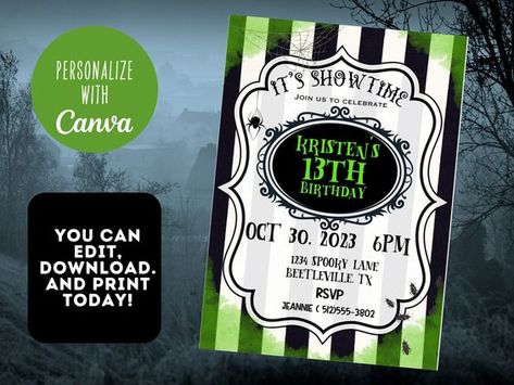 Black and White Striped Birthday Invitation - It's Showtime Editable Invitation - Beetle Juice  Birthday Invitation,  Spooky Birthday Invite Halloween fonts #halloweenfonts fonts #fonts font #font 2.1010 Beetle Juice Invitation, Beetlejuice Invitations Templates, Beetlejuice Birthday Invitations, Beetlejuice Party Invitation, Beetlejuice Invitations, Happy Halloween Font, Beetlejuice Party, Juice Party, Halloween Juice