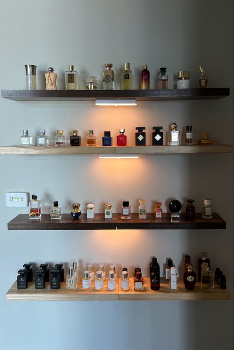 Wall Perfume Display, Perfume Organization Wall Shelves, Cologne And Perfume Storage, His And Hers Perfume Display, Perfume Collection Display Aesthetic, Perfume Display Ideas Shelving, Display Perfume Ideas, Perfume Rack Ideas, Floating Shelves Perfume