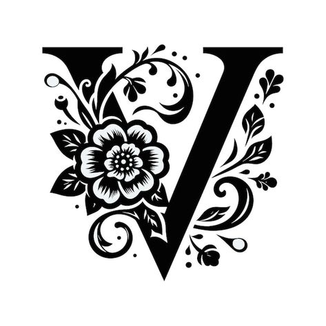 Elegant initial letter v with black flow... | Premium Vector #Freepik #vector #nature #sign #brand #luxury Vector Nature, Cricut Stencils, Alphabet Design, Letter V, Black Flowers, Black Flower, Name Design, Initial Letter, Initial Letters