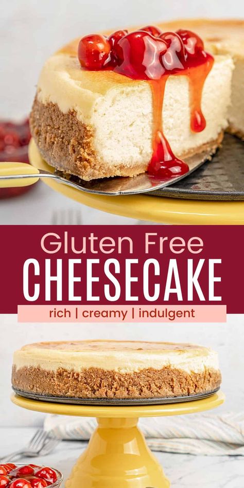 This creamy Classic Gluten-Free Cheesecake packs a punch in flavor and in texture! This is a rich and indulgent gluten-free dessert, flavored with vanilla and lightened up with Greek yogurt for an irresistible tang. Gluten Free Graham Cracker Crust, Gluten Free Cheesecake Recipes, Creamy Cheesecake Recipe, Sundae Toppings, Gluten Free Graham Crackers, Gluten Free Cheesecake, Baked Cheesecake Recipe, Gluten Free Living, Buttery Cookies